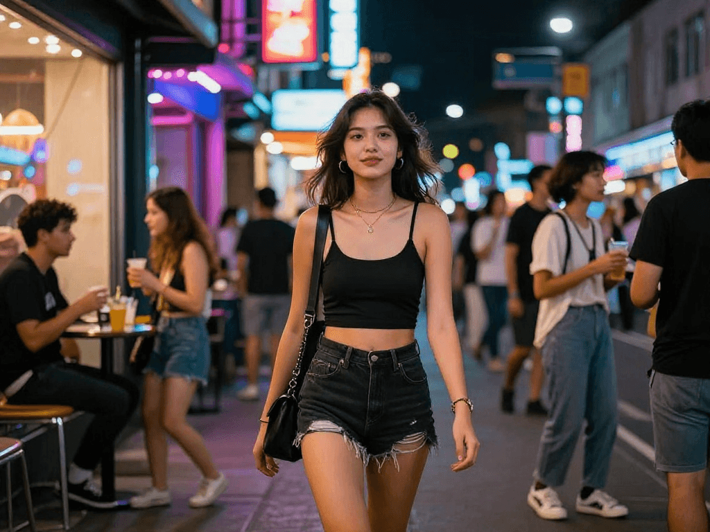 Gái gọi trong không gian sống động của thành phố về đêm với ánh đèn neon.
