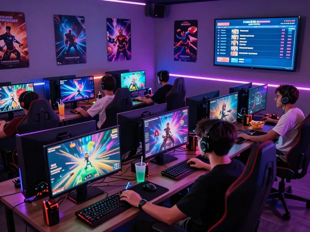 Engaged gamers playing various game sex titles in an immersive digital environment with vibrant LED lights