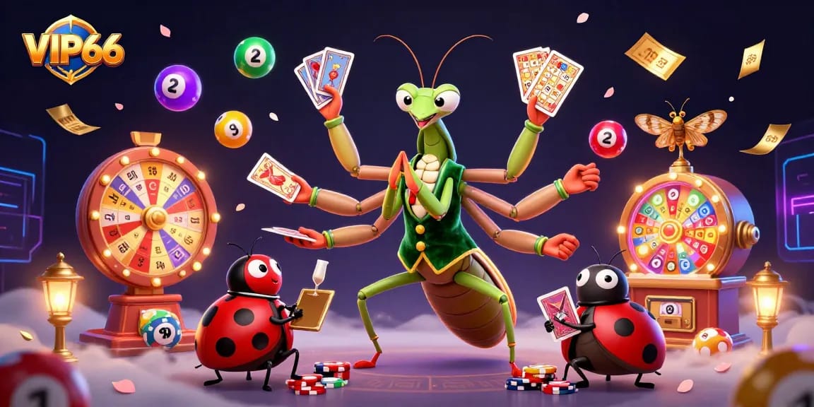 Play thrilling lottery games with VIP66's vibrant illustration featuring unique characters.