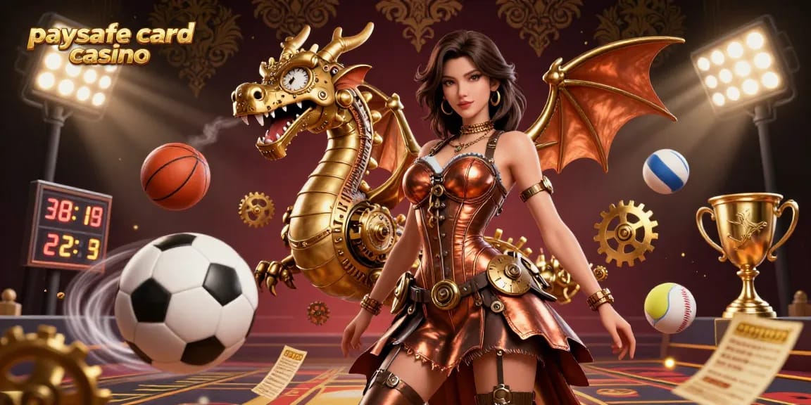 Paysafe Card Casino-Szene mit einer Steampunk-Frau, einem Uhrwerk-Drache und animierten Sportszenen.