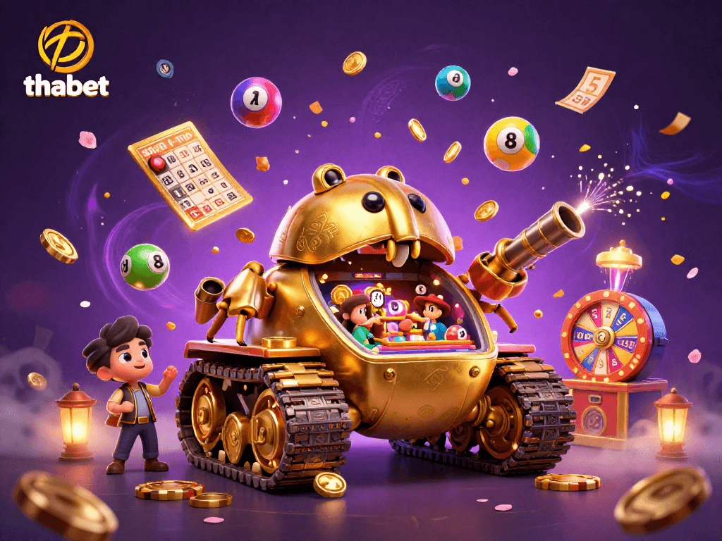 Experience the vibrant entertainment of thabet through a dynamic casino illustration showing a colorful miniature casino in a golden beetle tank.