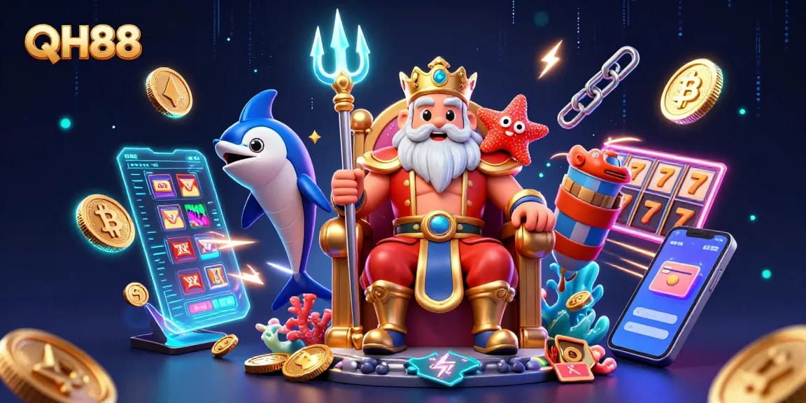 Experience the excitement of QH88 with Neptune and vibrant slot reels in a dynamic casino scene.