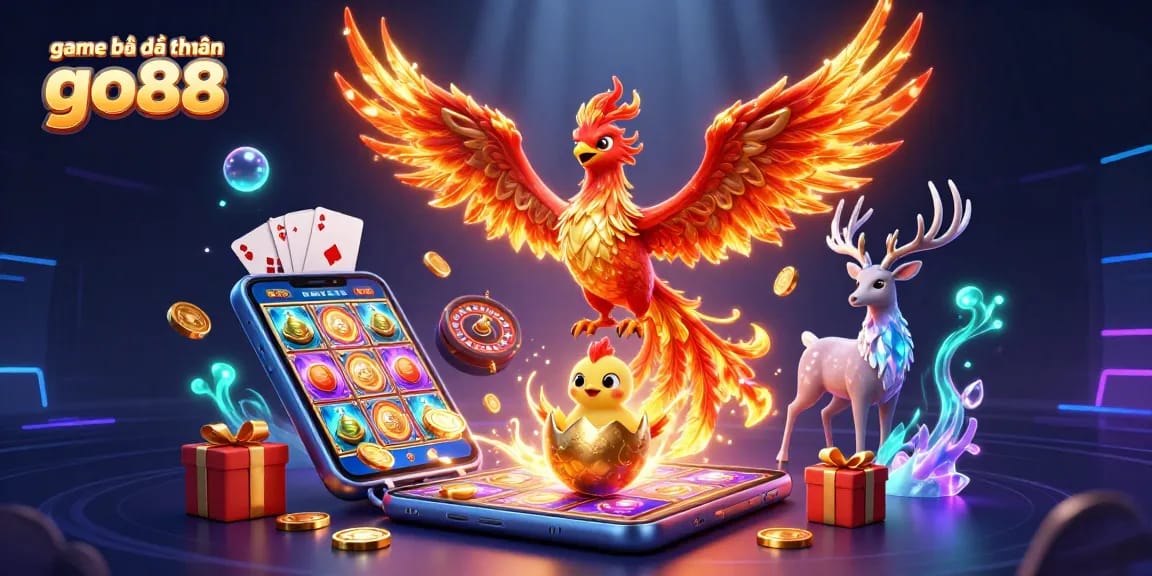 Experience the excitement of game bài đổi thưởng go88 with dynamic casino illustrations showcasing vibrant characters and lively gaming elements.