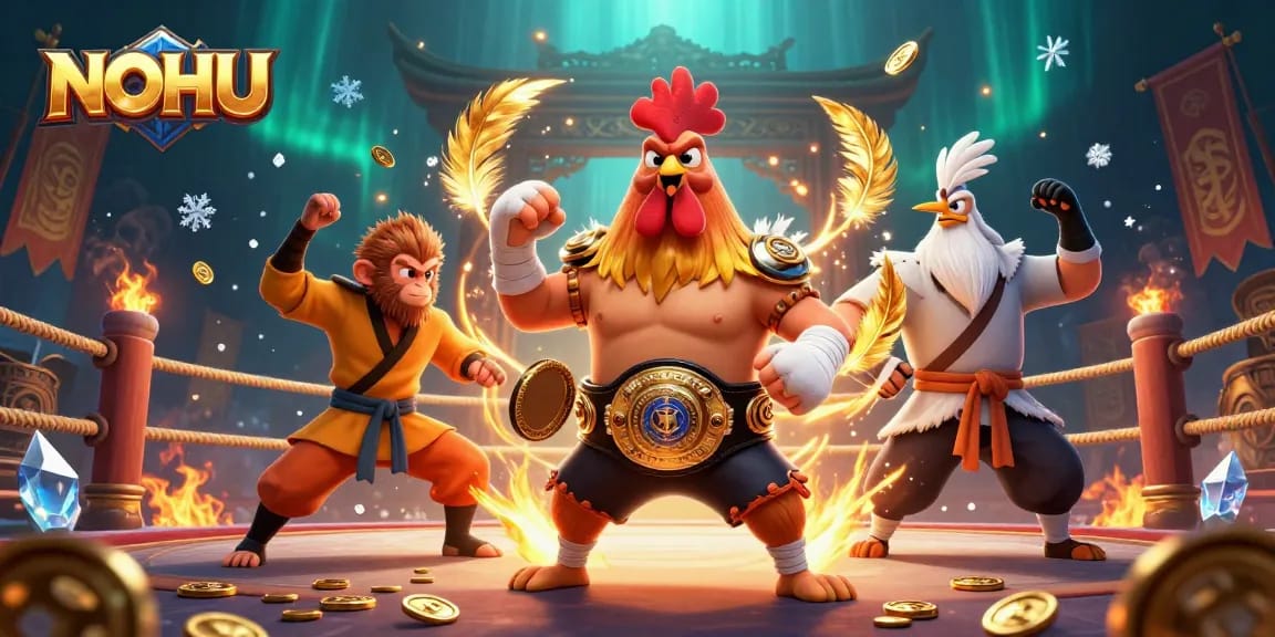 NoHU features a Muay Thai rooster, Shaolin monkey, and crane master in an electrifying casino scene.