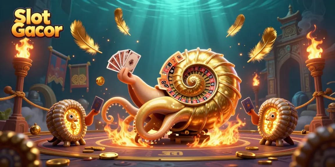 Experience thrilling Slot Gacor action with a golden nautilus and glowing companions in a vibrant casino scene.