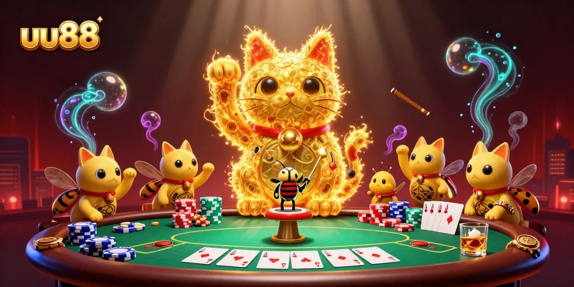 Experience the magic of uu88 with a vibrant 3D lucky cat and casino elements in a dazzling scene.