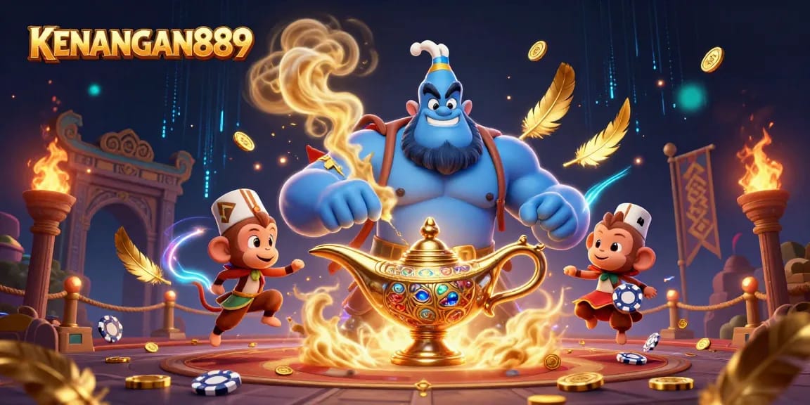 Play slots and win jackpots with KENANGAN889 at this vibrant and energetic online casino illustration.