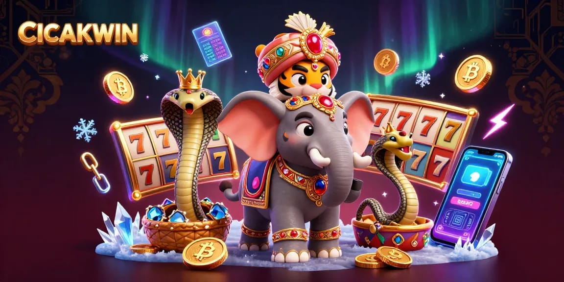 Experience the excitement of CICAKWIN with a vibrant 3D casino scene featuring a maharaja tiger, jewel-encrusted elephant, and crypto elements.