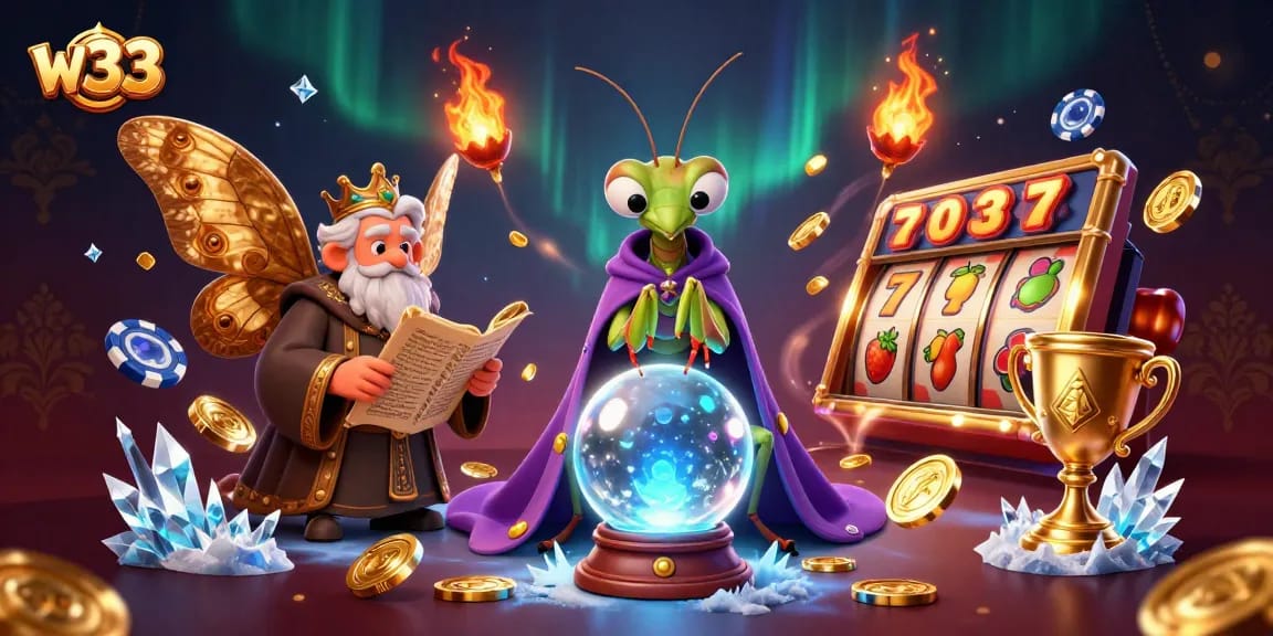 Win big at w33 with a captivating 3D casino scene showcasing dynamic slot reels and gaming excitement.