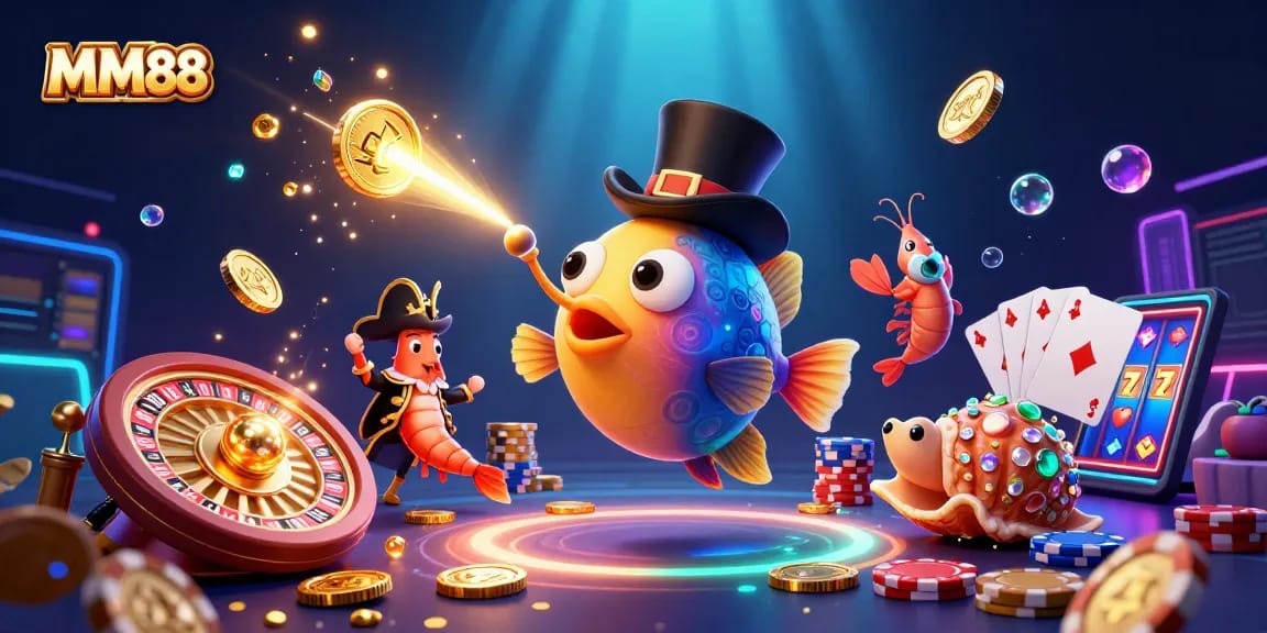 Engage with MM88's thrilling casino adventure, explore vibrant characters amidst cascading treasures.