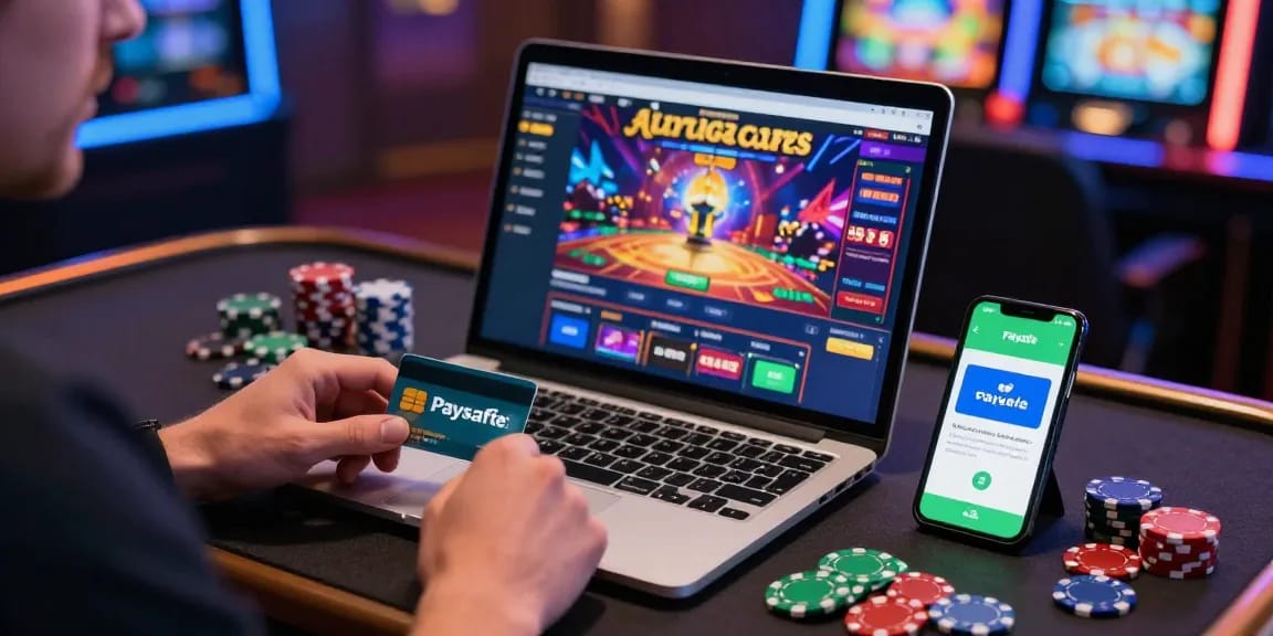 Paysafe Card Casino-Erlebnis mit einem Spieler, der Online-Gaming mit einem Laptop und Smartphone nutzt.