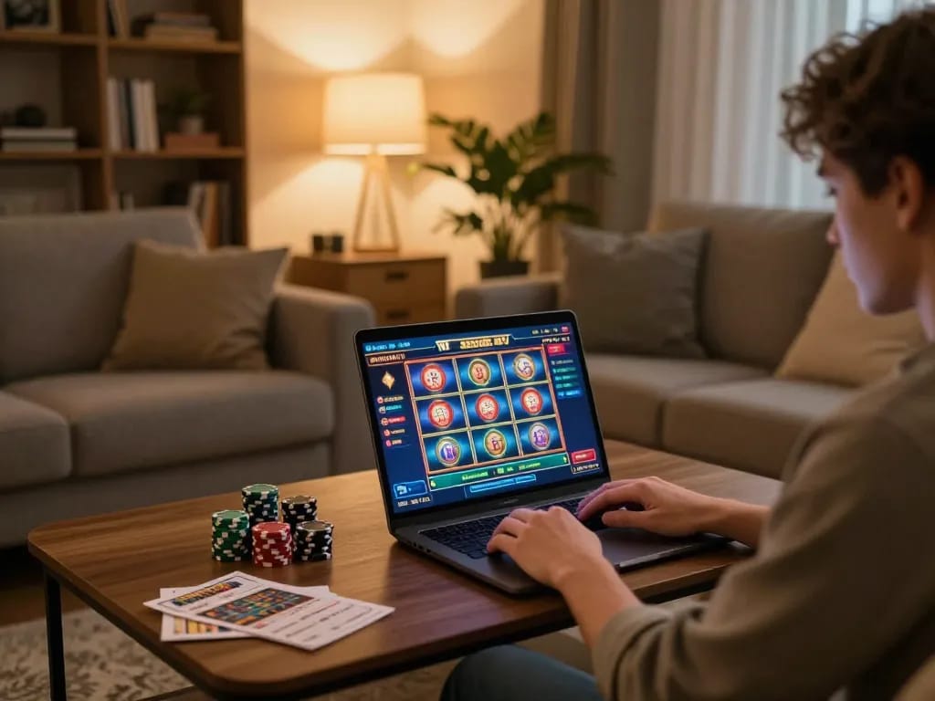 B52club player engaging with exciting slot games on a laptop in a cozy living room environment.