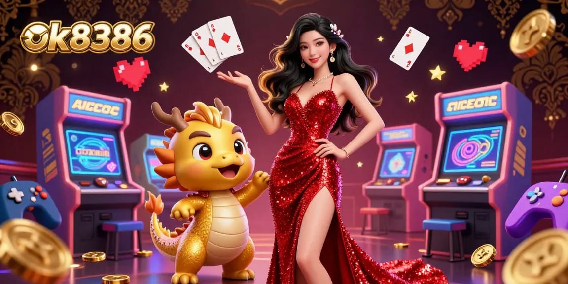 Engage with the vibrant world of ok8386 in this captivating casino illustration featuring a dazzling woman and playful dragon.