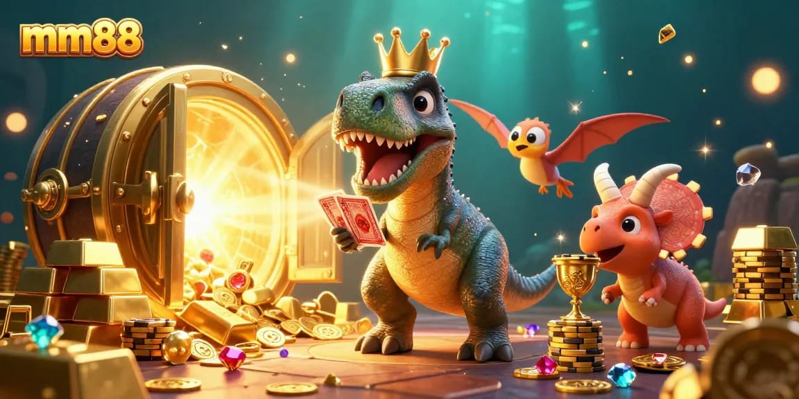 Experience thrilling gameplay with mm88 as dinosaurs enjoy a lively casino environment.