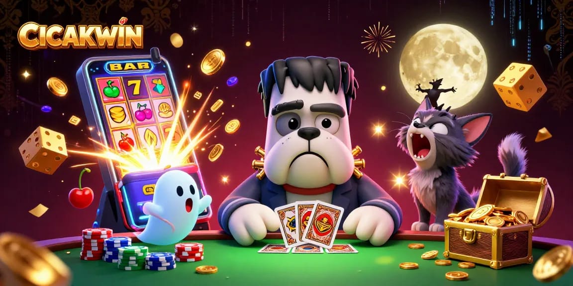CICAKWIN slot gaming scene with a Frankenstein bulldog monster and a werewolf kitten at a spooky casino table.
