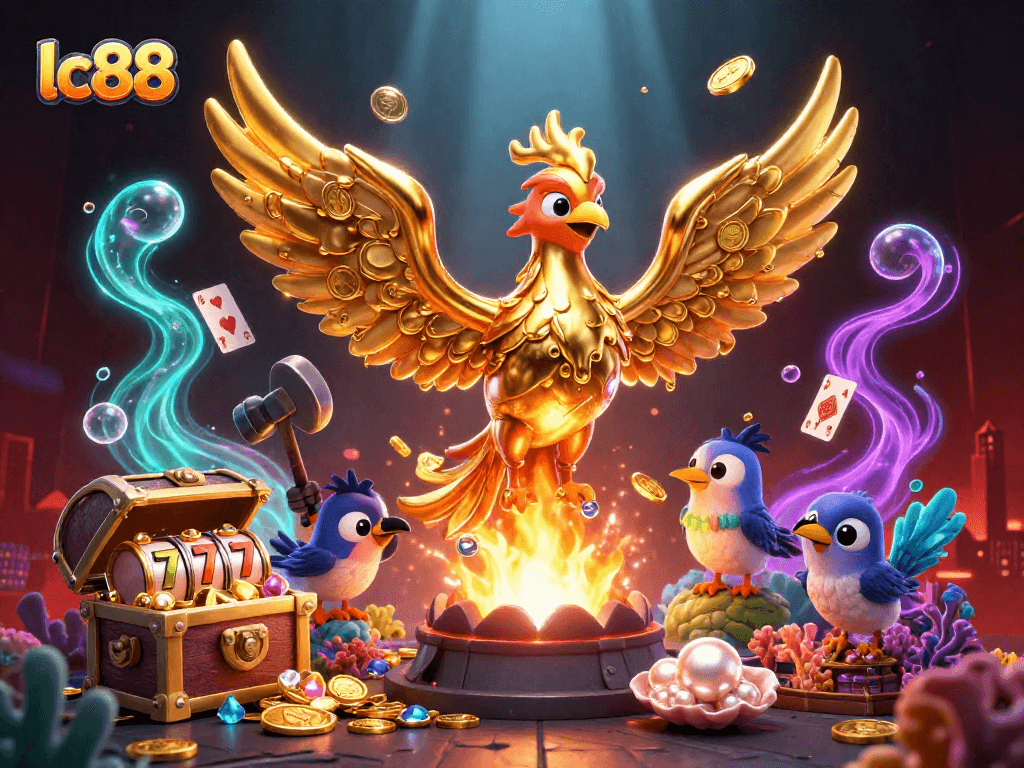 Experience the thrill of lc88 with a vibrant 3D illustration showcasing a golden phoenix and casino elements.