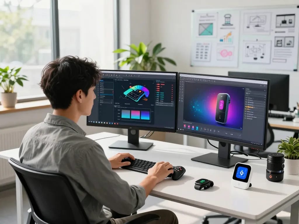 Innovative tech workspace where a professional designs unique tech gadgets with Bluetooth features, showcasing prototypes and modern equipment.