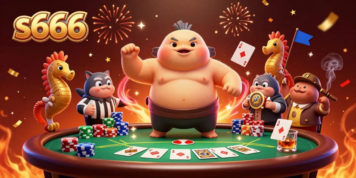 Join the excitement at s666 with a dynamic underwater poker scene featuring a fugu and catfish referee.