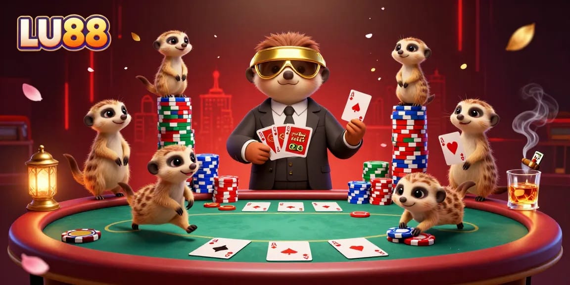 LU88 meerkats managing a lively casino with colorful poker chips and vibrant gaming elements, showcasing dynamic action.