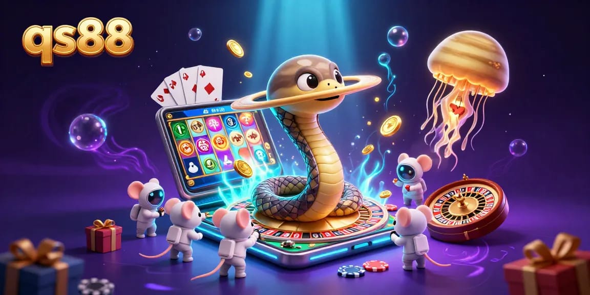 Engage with qs88's exciting gaming universe featuring a cosmic roulette and vibrant slot visuals.