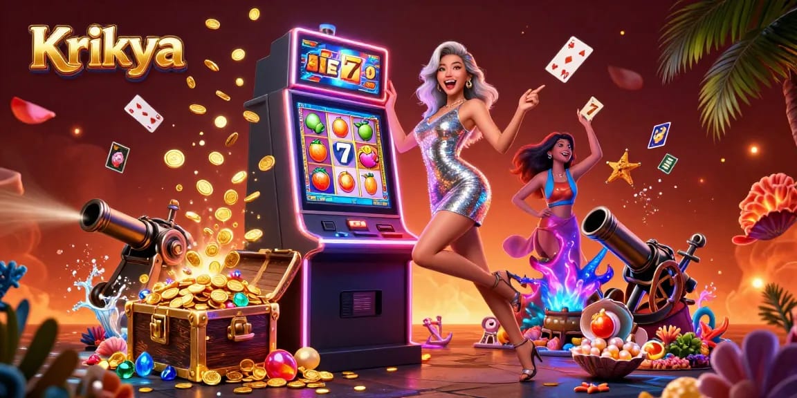 Experience the thrill of Krikya with a celebratory character winning on slot machines amidst vibrant casino elements.