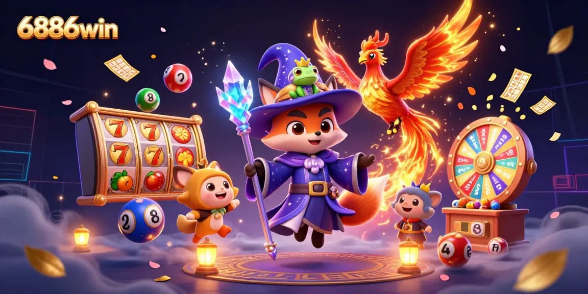 Experience exciting gaming with 6886win's vibrant slots and colorful elements surrounded by magical characters.