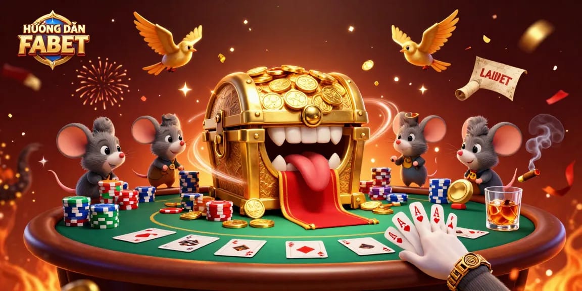 Engage in thrilling gameplay with HƯỚNG DẪN FABET under a golden treasure chest and poker chips.