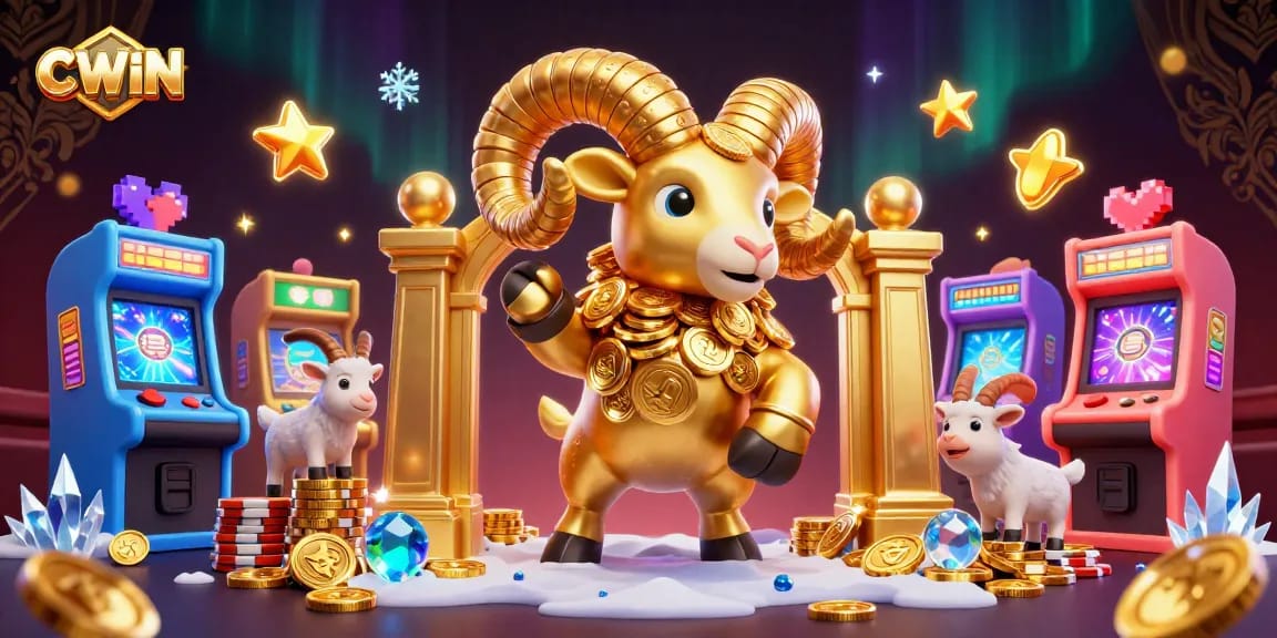 CWIN offers thrilling excitement in a vibrant 3D casino scene with golden ram and game machines.