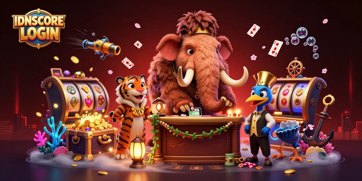 Engage in IDNSCORE LOGIN with this vibrant 3D illustration showcasing a dynamic casino scene.