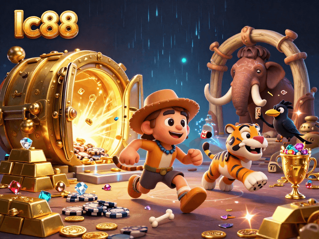 Experience thrilling wins at lc88 with a vibrant 3D caveman casino scene featuring playful characters and gleaming treasures.