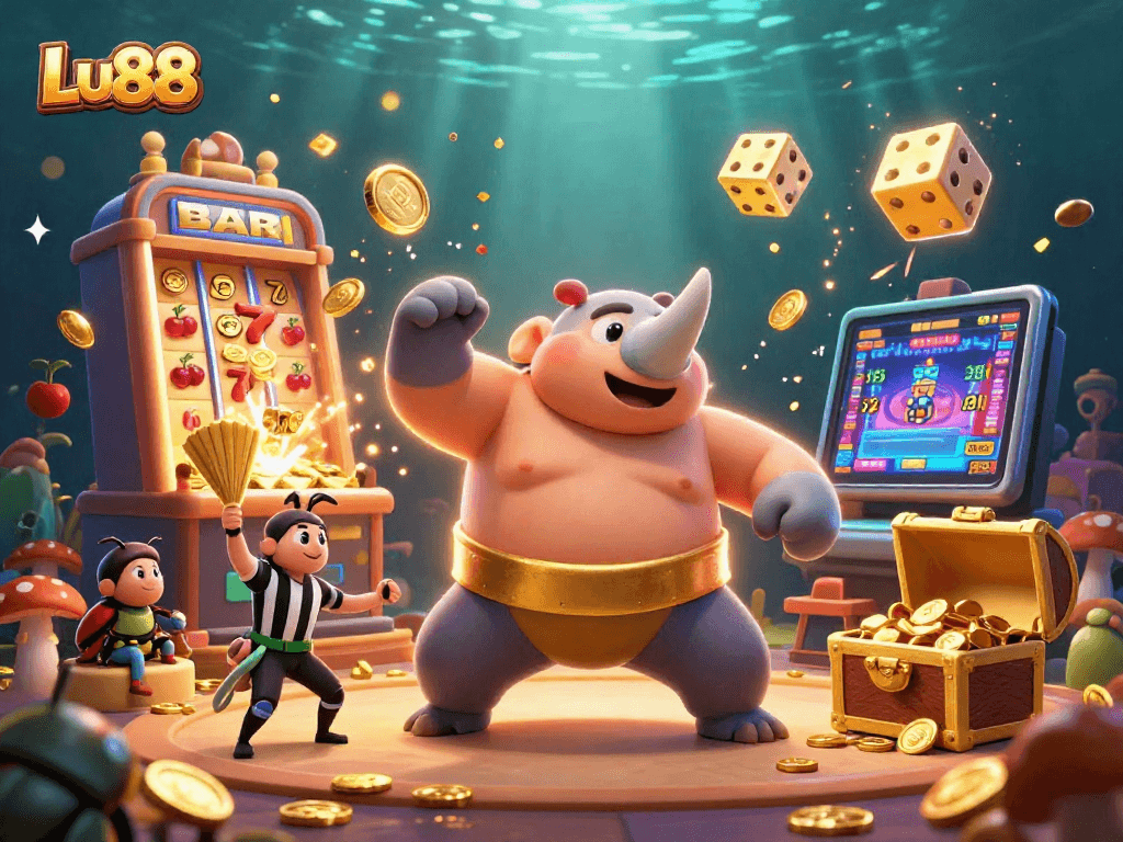 Experience thrilling wins at Lu88 with a vibrant 3D scene featuring lucky symbols and dynamic gaming action.