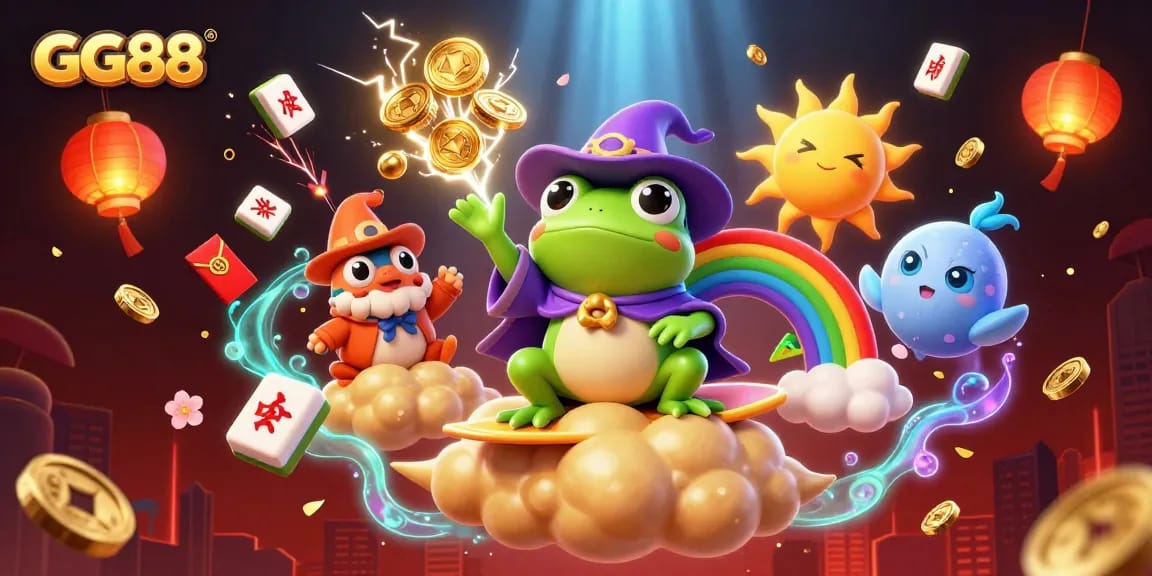 GG88 players winning golden rewards in a vibrant casino-themed environment illustrated with unique 3D characters and dynamic elements.