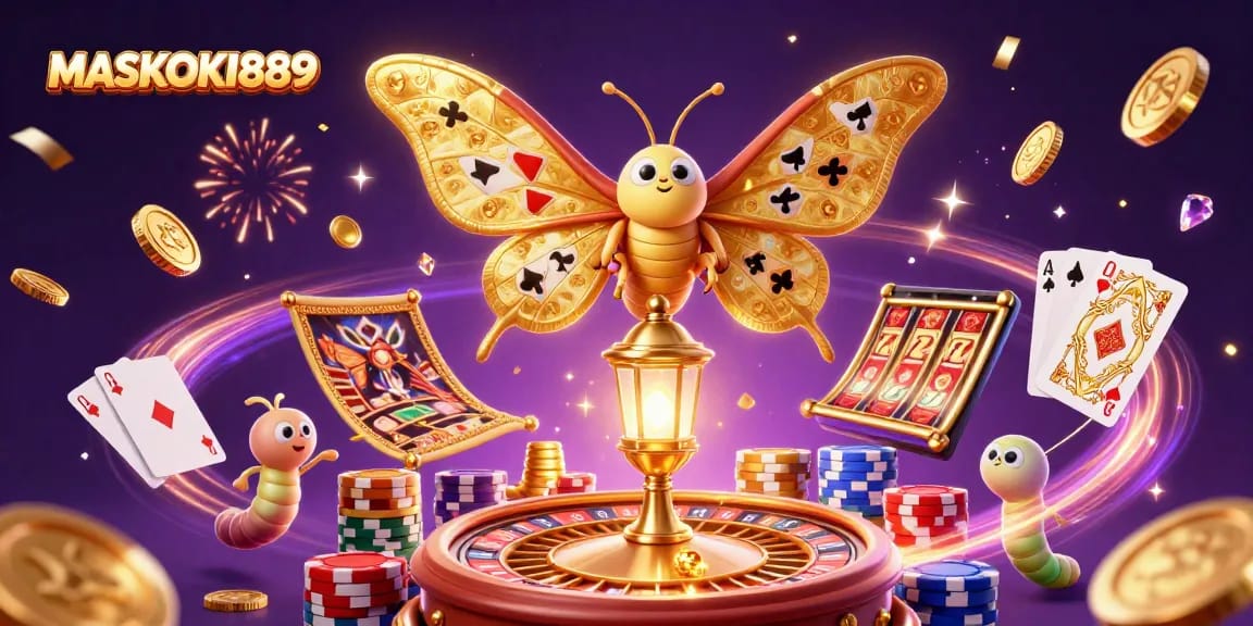 Experience exhilarating wins with MASKOKI889, showcased through vibrant casino scenes and dynamic gaming elements.