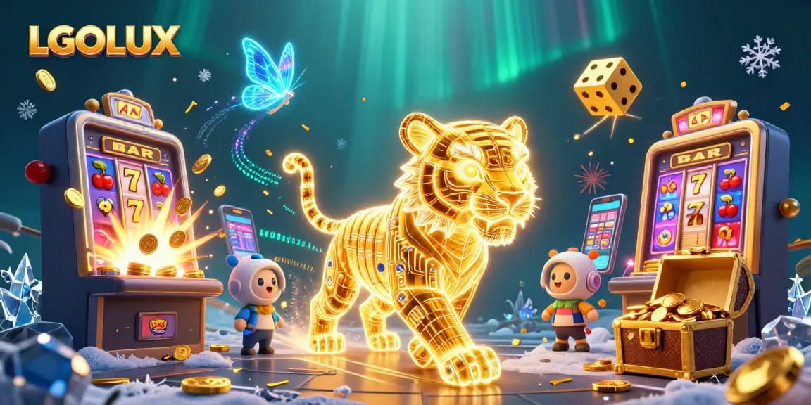 Experience thrilling winnings at LGOLUX with a neon golden tiger amidst a vibrant casino landscape.