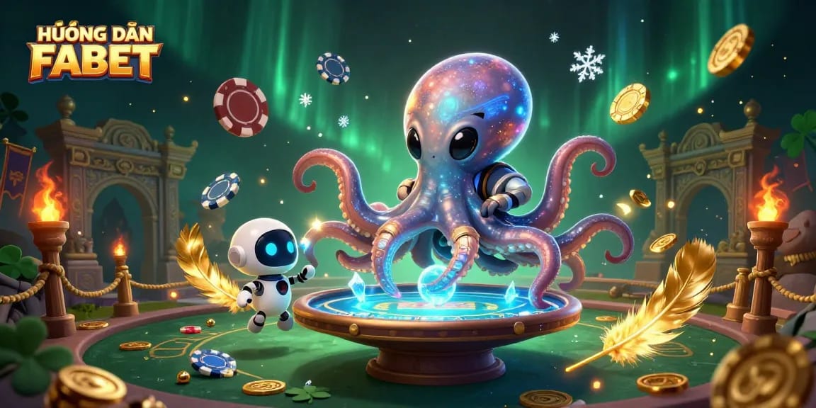 Engage in thrilling play with HƯỚNG DẪN FABET at a holographic poker table led by an excited octopus and robot.
