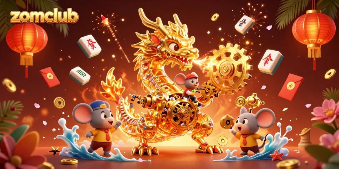 Zomclub features a golden dragon surrounded by vibrant gambling elements, showcasing dynamic gameplay.