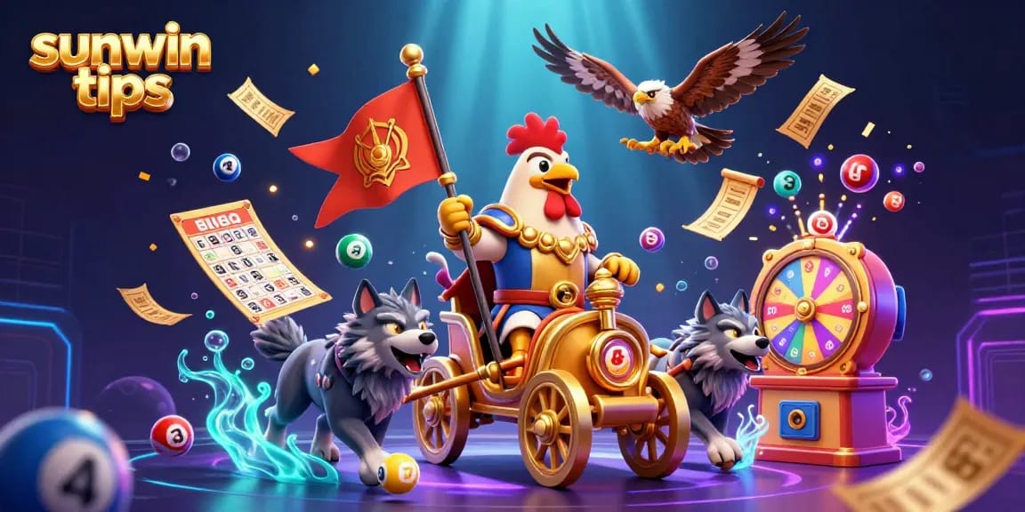 Experience sunwin tips with a dynamic illustration of casino gaming, featuring a rooster warlord and vibrant lottery elements.