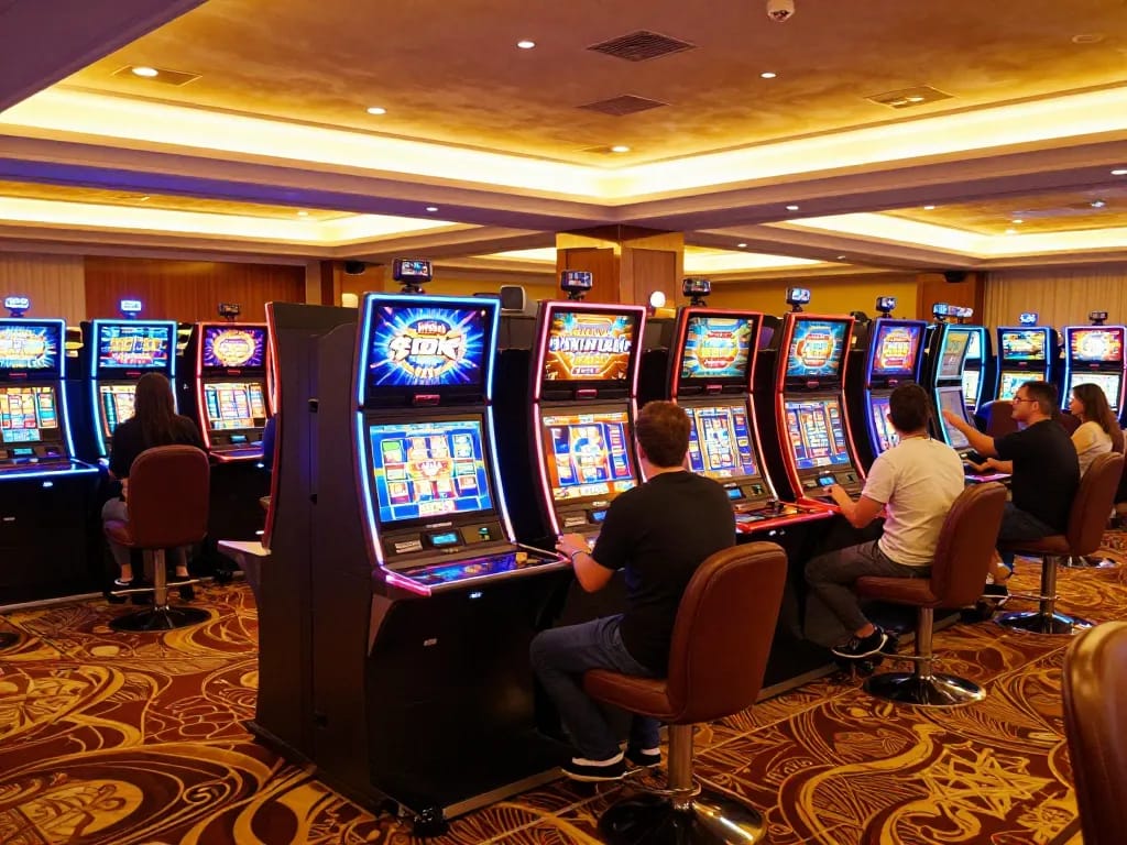 Players engaging with lively 888b slot machines, showcasing exciting gameplay and vibrant displays.