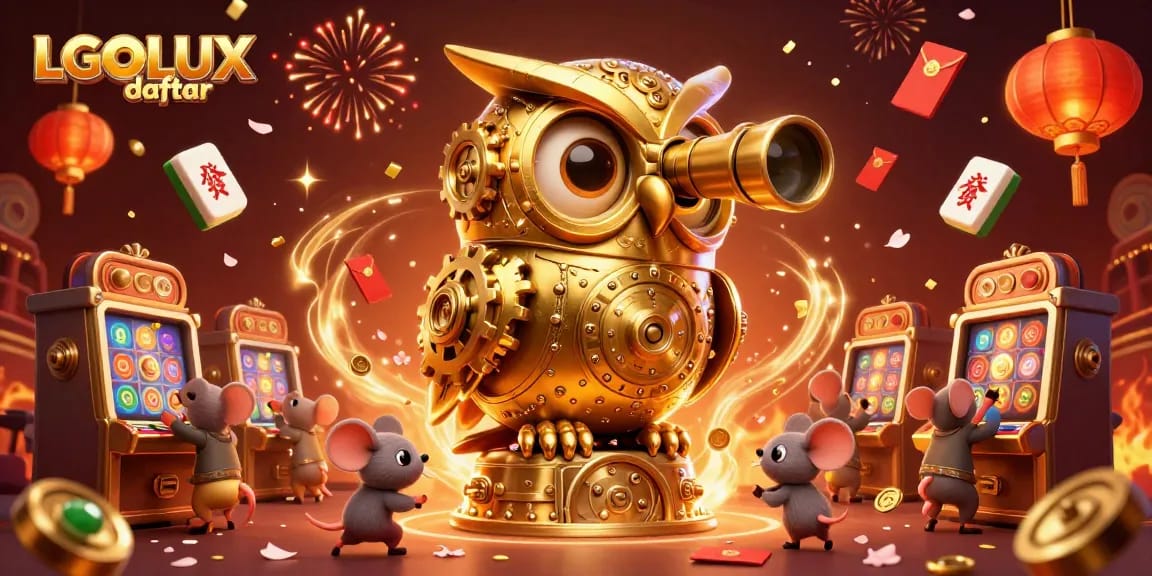 Play slots on LGOLUX daftar with exciting gold details, fireworks, and vibrant casino elements.