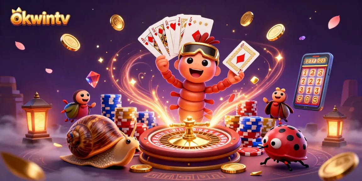 Experience the excitement of okwintv in this dynamic 3D casino illustration with vibrant game elements.