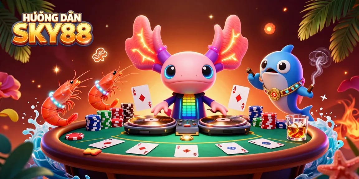 Engage with HƯỚNG DẪN SKY88 while the neon axolotl DJ spins golden records surrounded by vibrant poker elements.