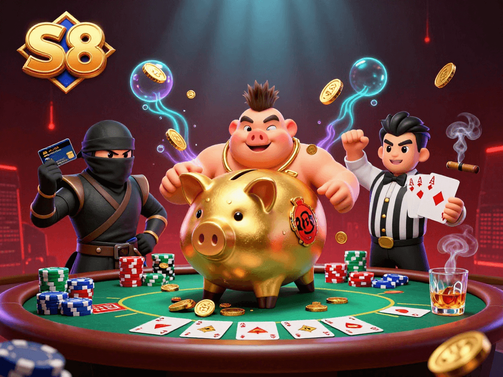 S8 delivers thrilling casino excitement with giant characters at a poker table, showcasing a dynamic gambling scene.
