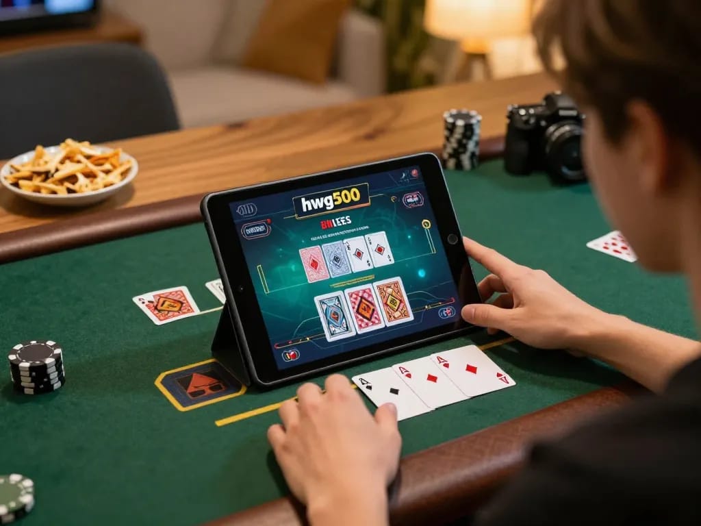Engaging in live Blackjack at hwg500 on a tablet, showcasing strategic gameplay in a cozy home setup.
