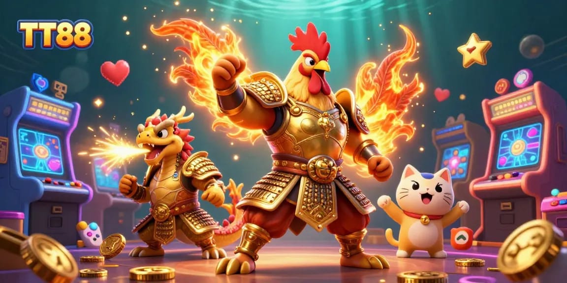 Experience gaming thrills with TT88's dynamic casino warriors and vibrant elements in a captivating scene.