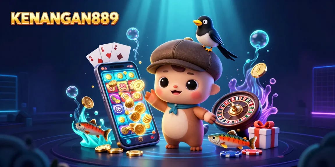 Experience the excitement of KENANGAN889 with vibrant cartoon characters engaging in a dynamic casino illustration.