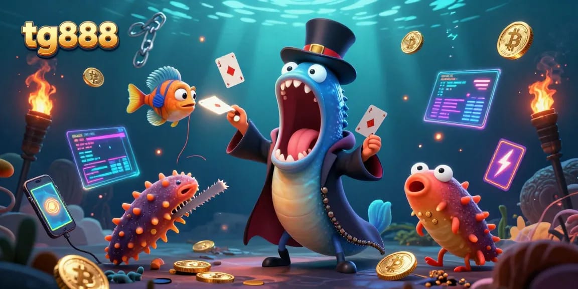 Tg888 features an engaging underwater casino scene with a magician eel and neon coin elements enhancing the gambling atmosphere.