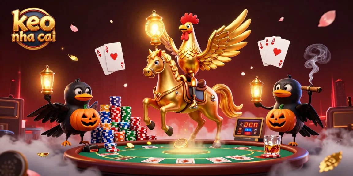 Engage with keo nha cai action as a golden rooster and crows illuminate the midnight casino.