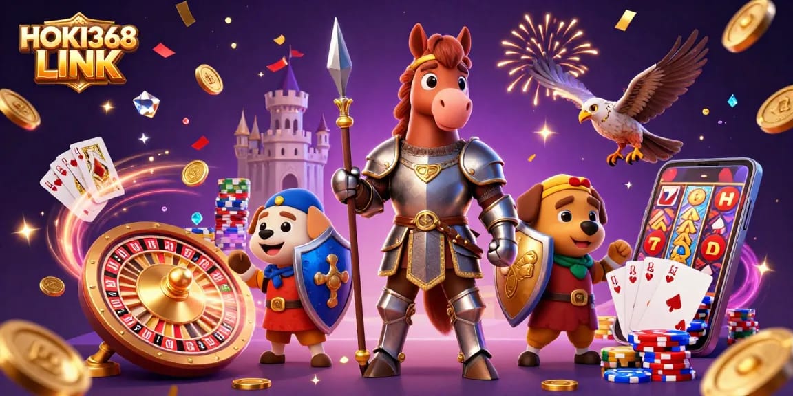 Experience the excitement of HOKI368 LINK with colorful casino elements, knights, and treasure.