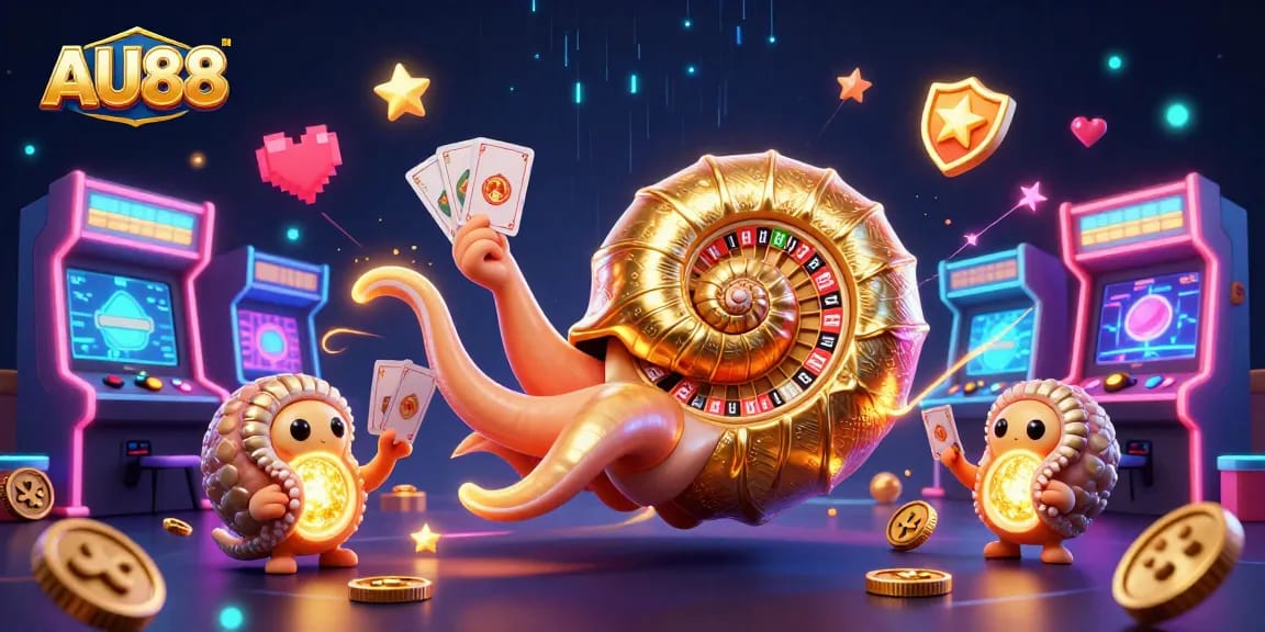 Experience AU88's vibrant casino world with a 3D nautilus holding cards and glowing companions.