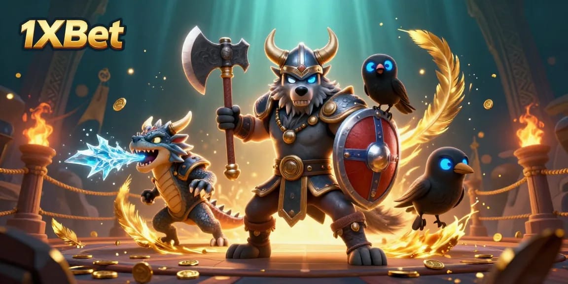 Engage in thrilling adventures with 1xBet's brave Viking wolf warrior and allies.
